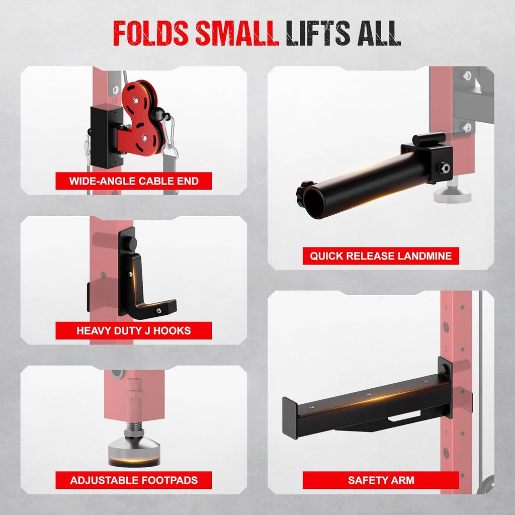 WM3-V4 Folding Squat Rack - Wall Mounted Power Rack with Dual Pulley System & 5 Adjustable Modes