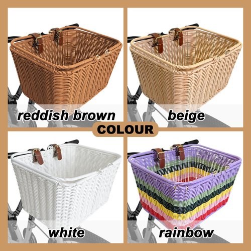 Bike Basket Front, Large Wicker Baskets for Bike, Hand-Woven Bicycle Basket with Iron Framework, Detachable Front Handlebar Bike Basket (Rainbow)