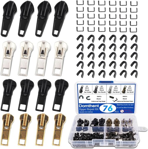 Domthent Zipper Repair Kit,#5 Zipper Pull Replacement,76pcs Fix a Zipper Repair Kit Including Automatic Lock Zippers Pull,Bottom Stop and Top Stop for Repairing Jackets,Coats,Boot,Backpacks,etc (76)