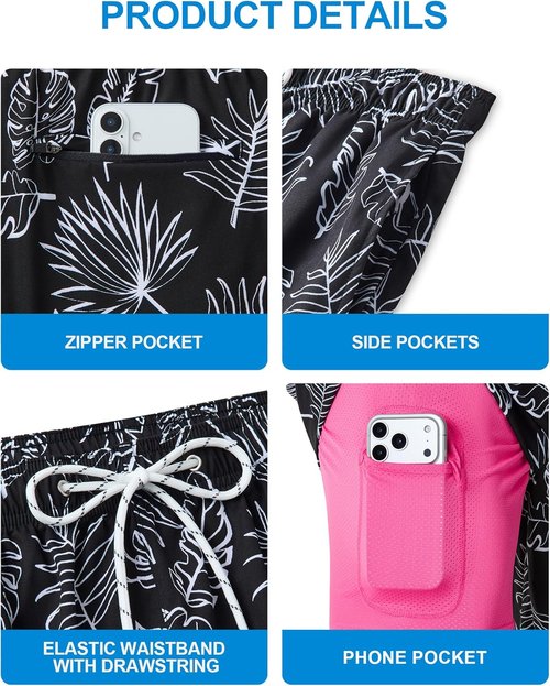 Gleeease Men's Swim Trunks - 7-Inch Quick-Dry Bathing Suit with Compression Liner & Zipper Pocket | Palm Tree Leaf Design