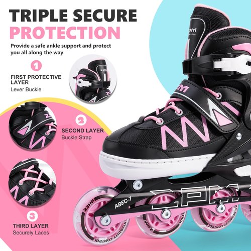 2PM SPORTS Boys Adjustable Inline Skates with Full Light Up Wheels, Fun Beginner Roller Skates for Kids Girls Youth - Pink Large