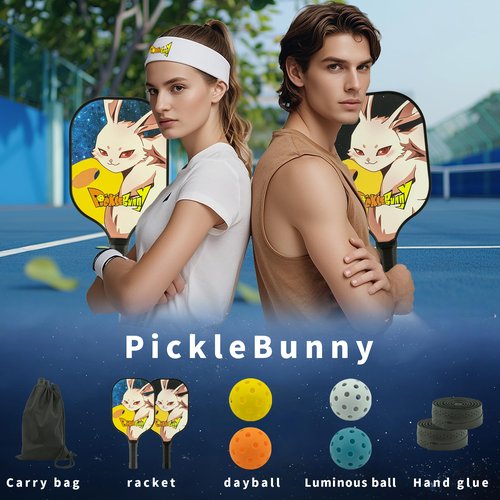 Pickle Bunny Pickleball Paddles Set of 2 Fiberglass, Lightweight Graphite Pickle Ball Rackets 2 Pack with 4 Balls