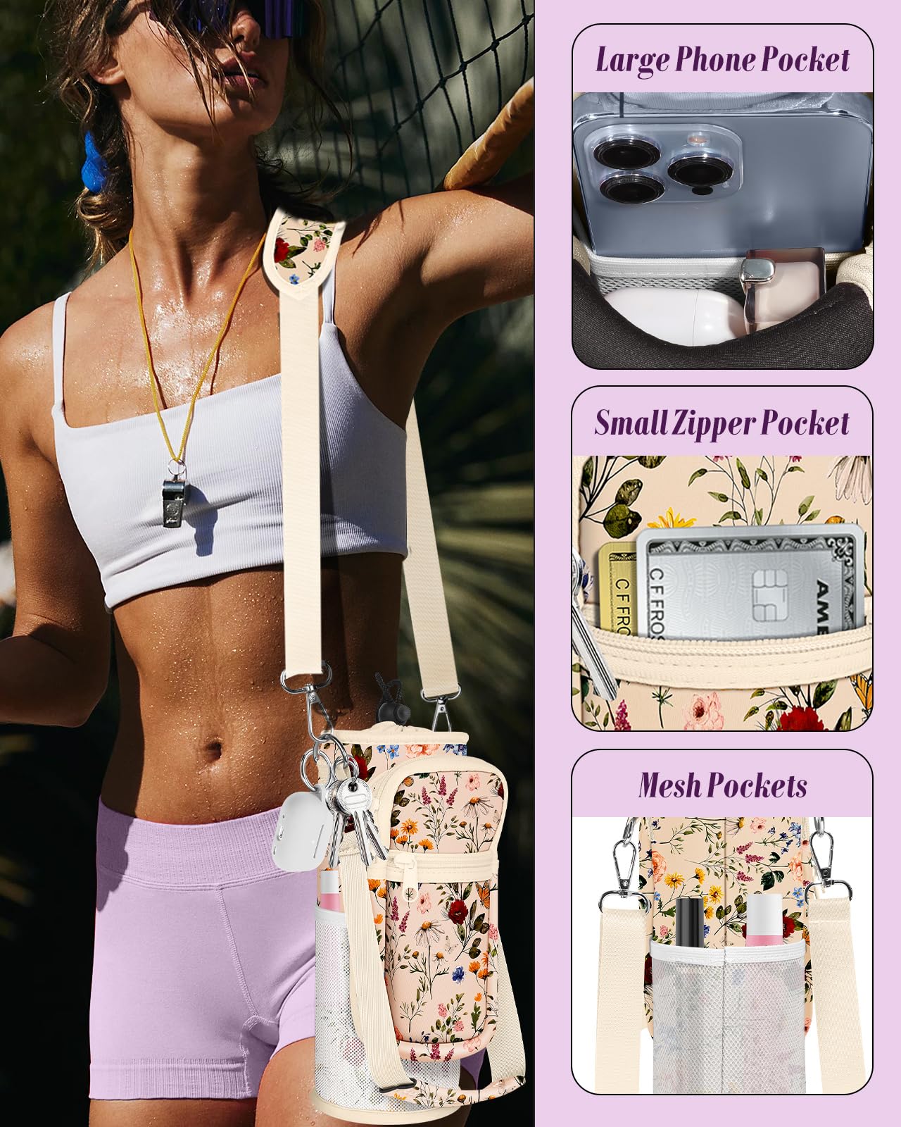 Toykee Water Bottle Bag Holder Carrier With Strap - Beige Flower Floral Crossbody With Phone Pocket Neoprene Shoulder