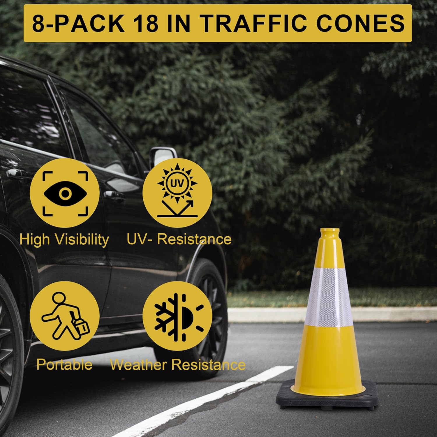 OrangeStar 18" Traffic Cones - 8-Pack Yellow Safety Cones with Reflective Collar & Weighted Base for Indoor/Outdoor Use