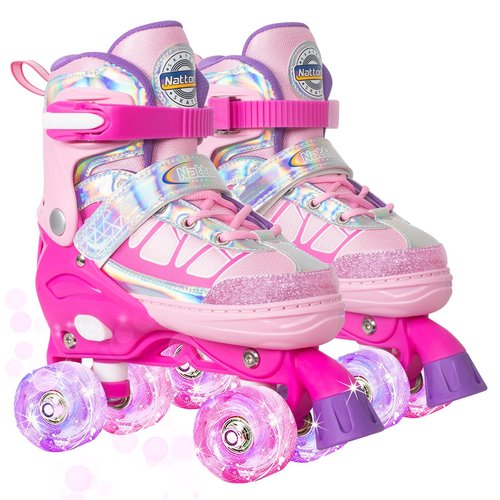 Nattork Roller Skates for Kids Boys Girls, 4 Size Adjustable Rollerskates with Light Up Wheels for Children Beginners for Outdoor Indoor Rosy