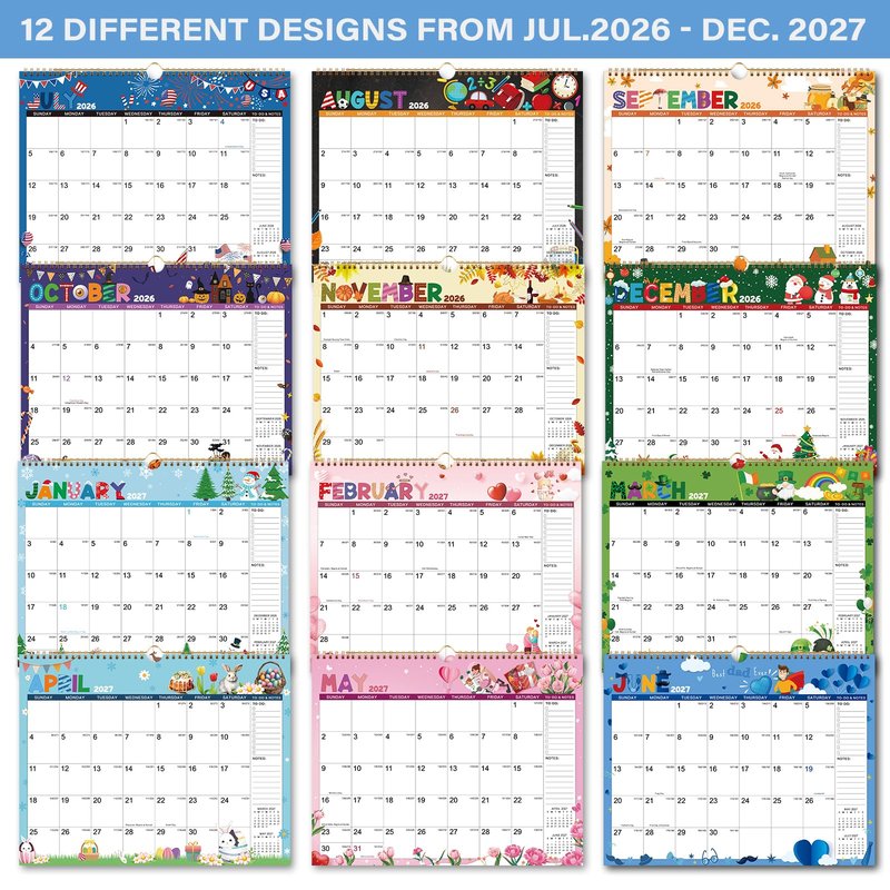 Calendar 2026-2027 - Wall Calendar 2026-2027, July 2026 - December 2027, 14.8" x 11.6", 18 Month Wall Calendar with Twin-Wire Binding, Hanging Hook - 12 Different Themes