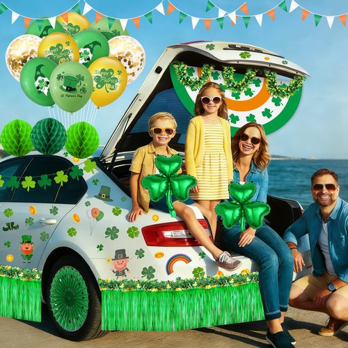 56pcs St. Patrick's Day Golf Cart Parade Decorations Kit, Saint Patrick's Car Decor Set-Irish Flag Tinsel Garlands Shamrock Balloons&Banners Crepe Paper Fans Stickers for Irish Festival Decor Supplies