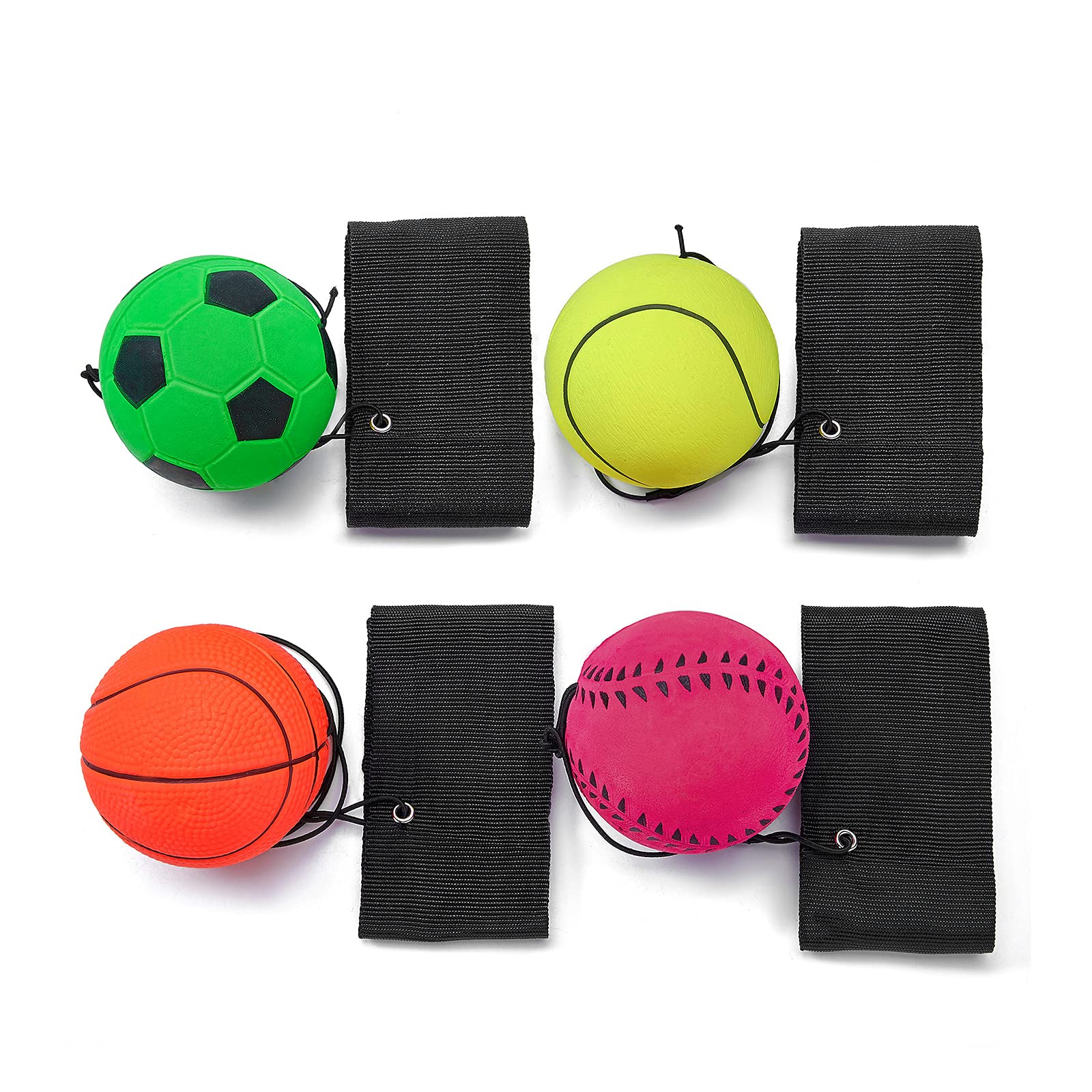 4/8/16 Pack 2.36 Inch Wrist Return Ball Wristband Balls Rubber Rebound Bouncy Sport Ball (Basketball, Baseball, Soccer,Tennis) on Elastic String Wrist Exercise or Play,Gift Toy for Kids Teens Adults