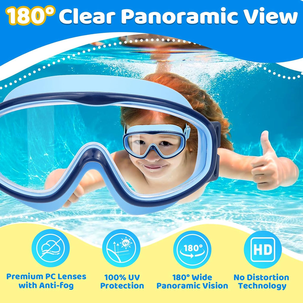 Vvinca Kids Swim Goggles - Comfortable Fabric Strap, Wide View, Anti-Fog & UV Protection for Ages 3-14