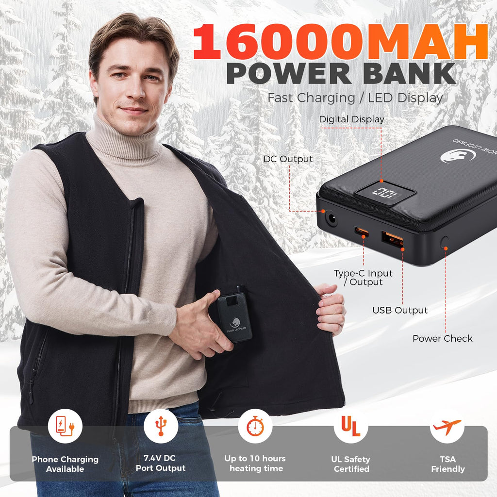 SNOW LEOPARD Heated Vest for Men with Battery Pack Included, Mens Heated Vests 7.4V 16000mAh Rechargeable Men's Electric Vest Winter Warming Heating Vest for Hiking/Golfing/Hunting, XX-Large