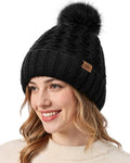 Trifabricy Womens Winter Hat Knit Crossed Cap Beanie Hats for Women Soft Warm Lined with Faxu Fur Pom Poms for Cold Weather Working Skiing Hiking Black