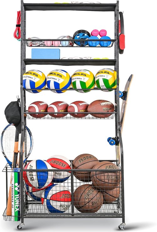 Mythinglogic Garage Ball Storage | Rolling Sports Equipment Organizer with Wheels for Indoor/Outdoor Use