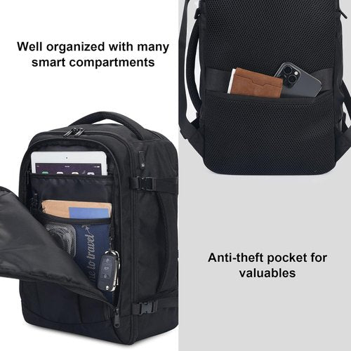 ECOHUB Travel Backpack - Airline Approved Personal Item Bag | Water Resistant, 13 Pockets, Black