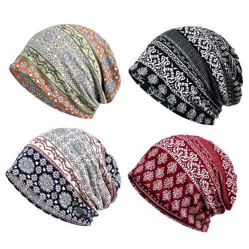 warsrnd Women's Slouchy Beanie Hat Chemo Caps Cancer Headwear Hats Turban Baggy Sleeping Cap Boho Hats (US, Alpha, One Size, 4pcs Multicolor B)