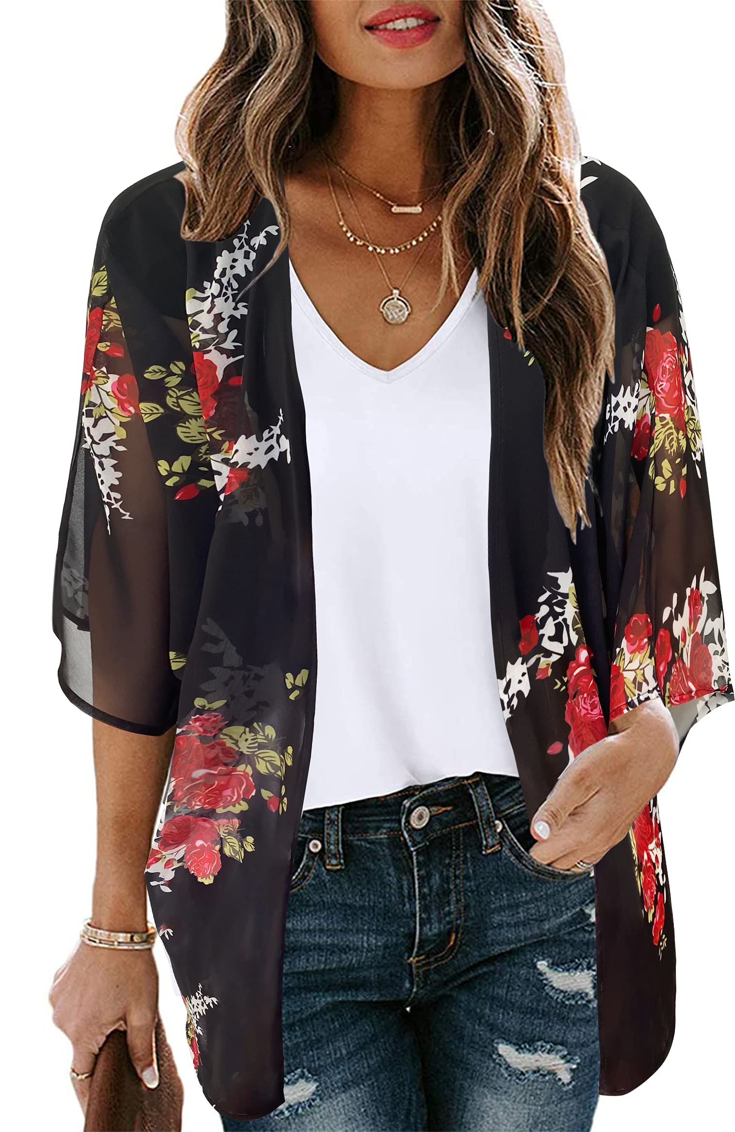 Women's Floral Print Puff Sleeve Kimono Cardigan Loose Cover Up Casual Blouse Tops (Black,2XL)