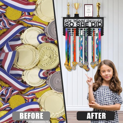 Medal Hanger Display with Trophy Shelf, Upgraded Sports Medal Holder Trophy Display Shelf Ribbon Holder Simple Wall Hanger (SHE BELIEVED SHE COULD SO SHE DID)