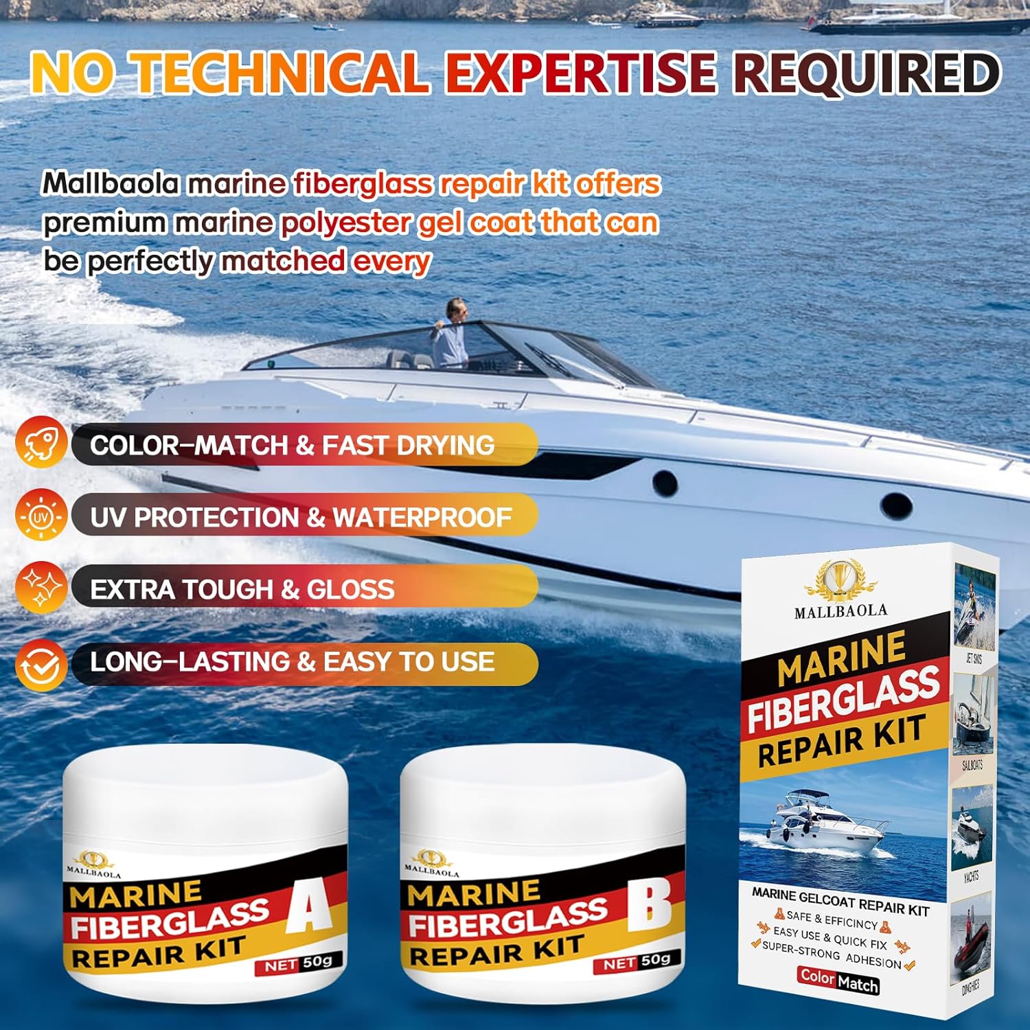Skiennix Marine Fiberglass Repair Kit - Gel Coat & Epoxy Filler for Boats | Fix Holes, Chips, Cracks