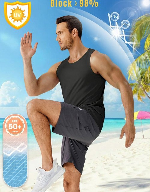 PINSPARK Mens Tank Tops Summer Quick Dry Athletic Sleeveless Shirts UPF 50+ Gym Workout Running Beach Muscle Tee Breathable Black
