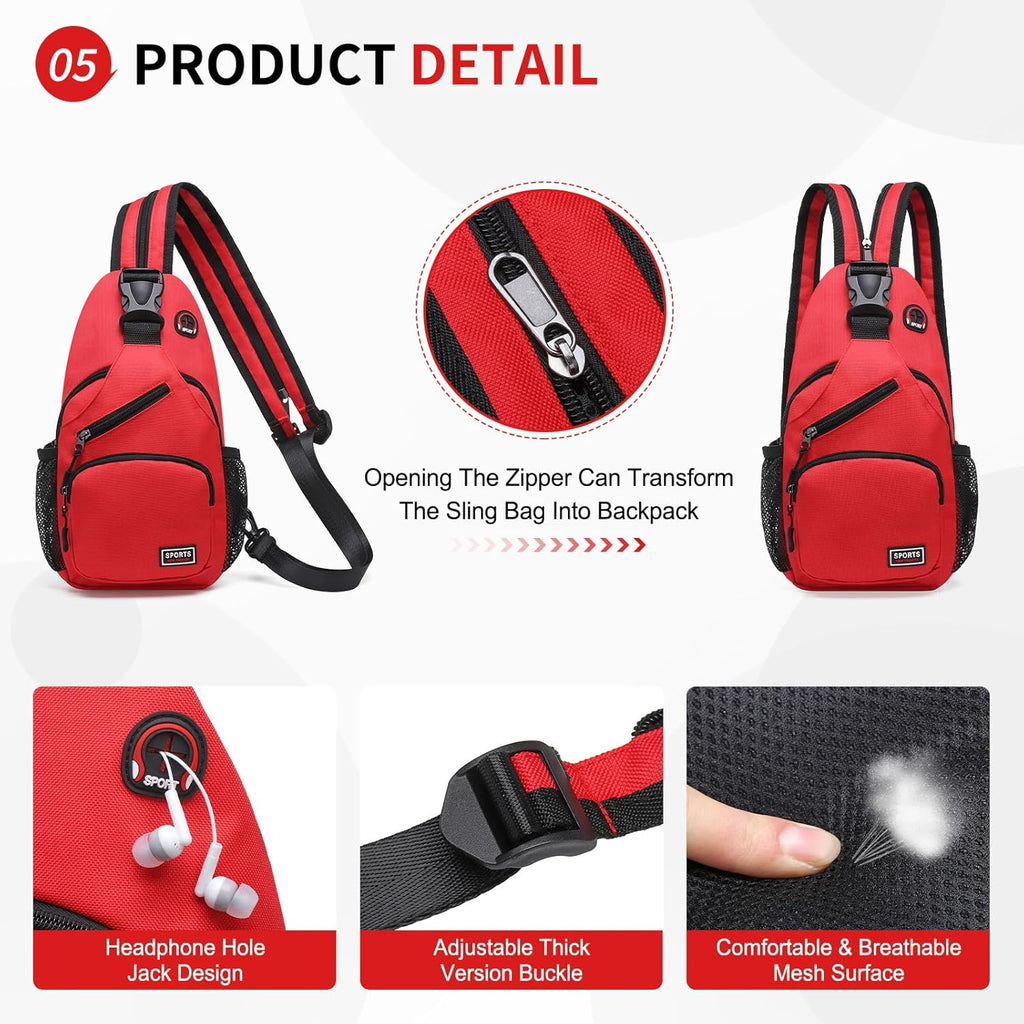 Skiennix Convertible Sling Bag - Lightweight Crossbody Backpack for 7.9" Tablet | Casual Travel & Hiking (Red)