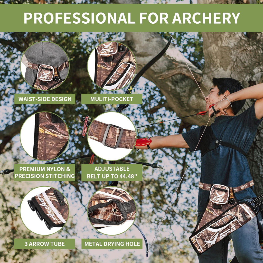 SPG Arrow Quiver Archery Hip Quiver, Durable Adjustable Waist Belt Three Arrows Tube for Arrow Storage Compound Bow Recurve Bow Accessories (Camo)