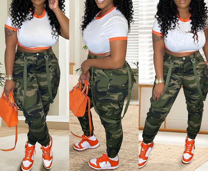 Camo Cargo Pants for Women - High Waisted Army Fatigue Pants with Pockets, Variation: Camouflage+Large
