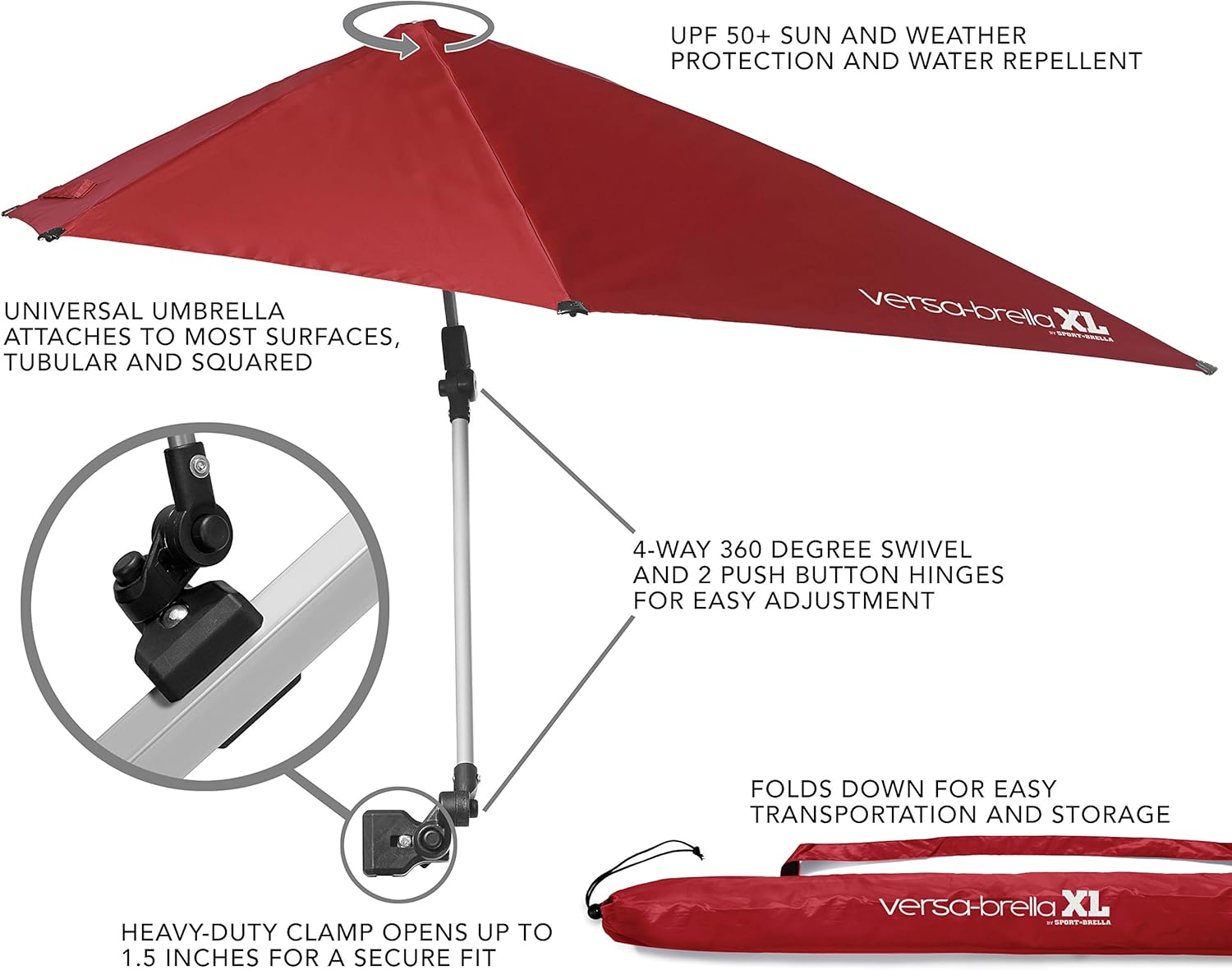Sport-Brella Versa-Brella Adjustable SPF 50+ Umbrella with Universal Clamp - Perfect for Outdoor Use