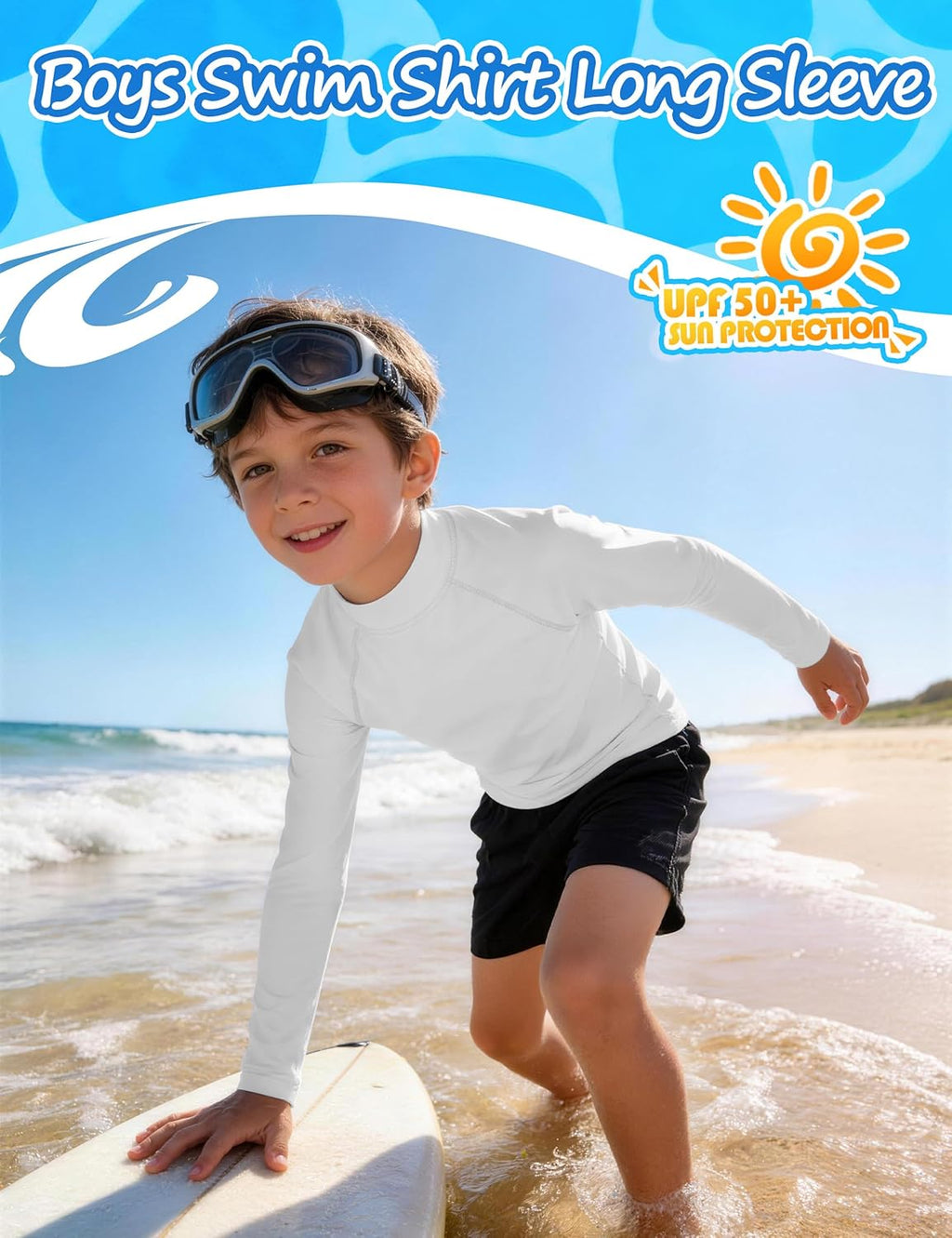 Roadbox Boys UPF 50+ Rash Guard, Swim Shirt Sun Protection Long Sleeve for Kids, Toddler Rashguard Athletic Surf Water Shirts