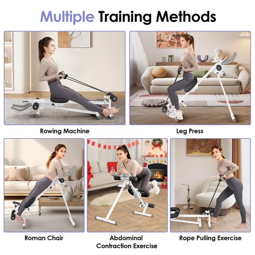Foldable Ab Machine, 5-in-1 Adjustable Ab Trainer for Home Gym, Full-Body Core Workout Equipment with 10 Length Levels, LED Display & Silent Rollers | Sit-Up & Rowing Machine for Abs Sculpting (Black)