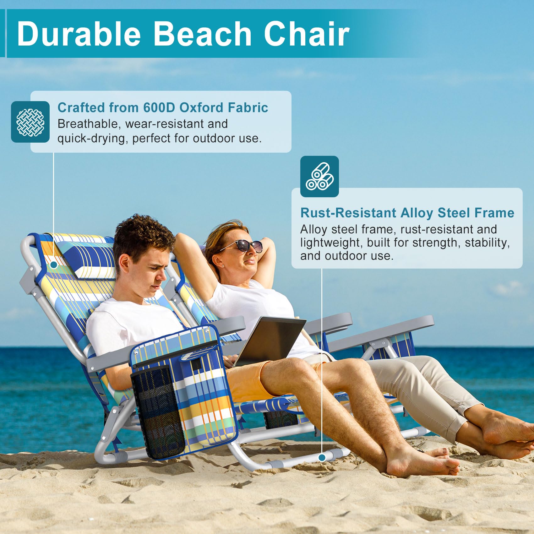 Suteck Beach Chair, Adjustable 5-Position Backpack Beach Chairs for Adults Kids, Foldable Lay Flat Chair with Cooler Bag, Cup Holder and Lumbar Pillow, Reclining Lay Down Chairs for Lawn Outdoor