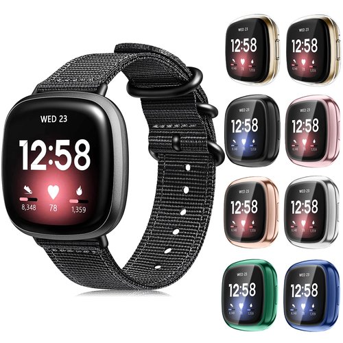 Fintie Nylon Band Compatible with Fitbit Versa 3/4/Sense 2/Sense Bundle with [8 Pack] Fitbit Versa 3 / Fitbit Sense Case
