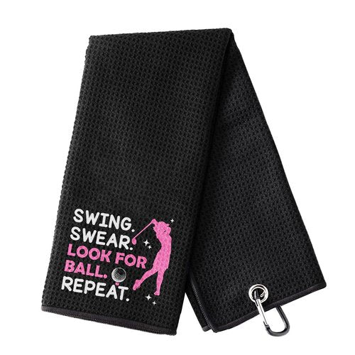 HEIFAM Swing Swear Look for Embroidered Pink Golf Towel Funny with Carabiner Clip Microfiber, Funny Golf Towels for Golf Bags for Grandma Mom Sister, Christmas Retirement Gift for Golfers, 16"X23"