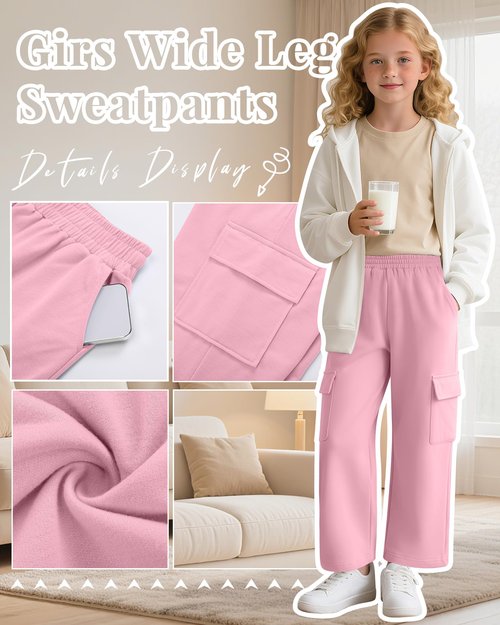 LessonZoo 4 Pack Girl's Wide Leg Sweatpants with Cargo Pockets Baggy Elastic High Waist Pants Kids Casual Athletic 5-14Y(Cream, Pink, Light Blue, Black,13-14 Years)