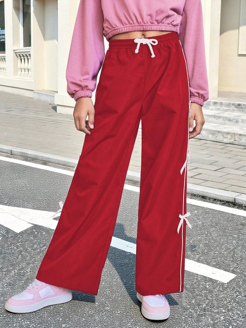 WDIRARA Toddler Girl's Bow Side Waist Track Pants Cute Wide Leg Trousers Red 11Y