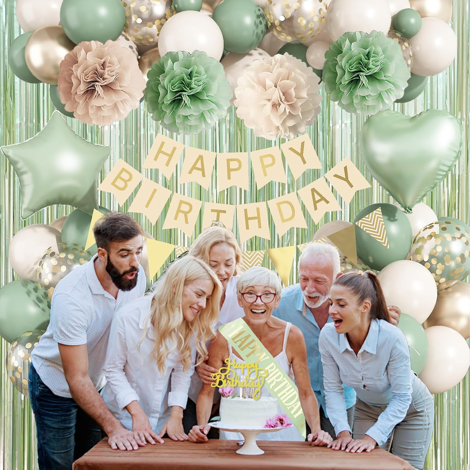 Sage Green Birthday Decorations - Elegant Foil & Latex Balloons, Happy Birthday Banner & Cake Topper | Perfect for Women & Girls