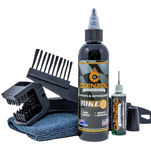 Clenzoil Chain & Sprocket Cleaning Kit - Chain Cleaner Lubricant Protectant (CLP) - Wet Lube Application, Dry Lube Performance - 4 oz Bottle, 0.5 oz Needle, Microfiber Towel & Chain Brush