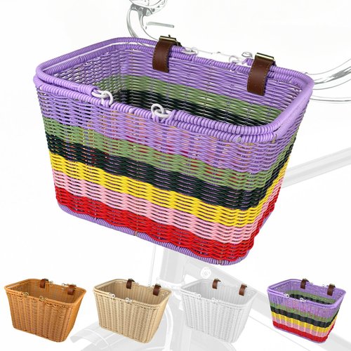 Bike Basket Front, Large Wicker Baskets for Bike, Hand-Woven Bicycle Basket with Iron Framework, Detachable Front Handlebar Bike Basket (Rainbow)