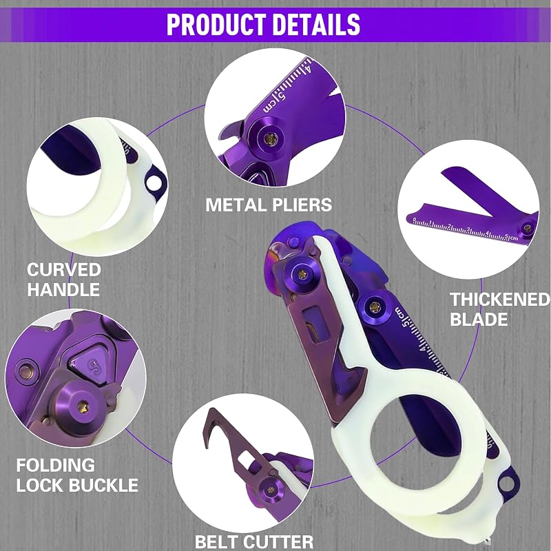 Trauma Shears 6-in-1 Foldable Medical Scissors with Holster, 420HC Steel, Glow Purple - Luminous Purple
