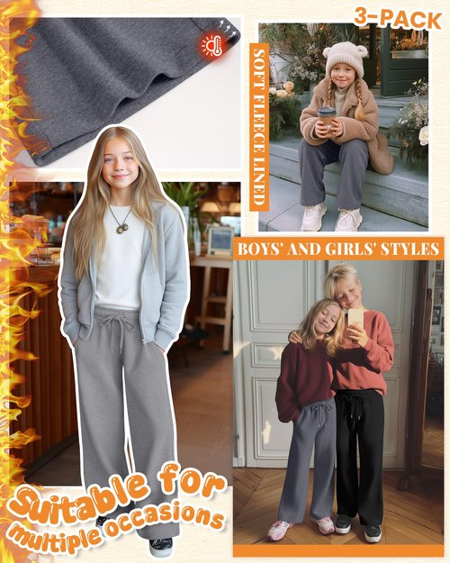 LessonZoo 3 Pack Girls' Fleece Sweatpants Wide Leg Drawstring Casual Kids Joggers Open Bottom Loose Teen Pants with Pockets(Dark Mixed Gray, Light Mixed Gray, Black,Large)