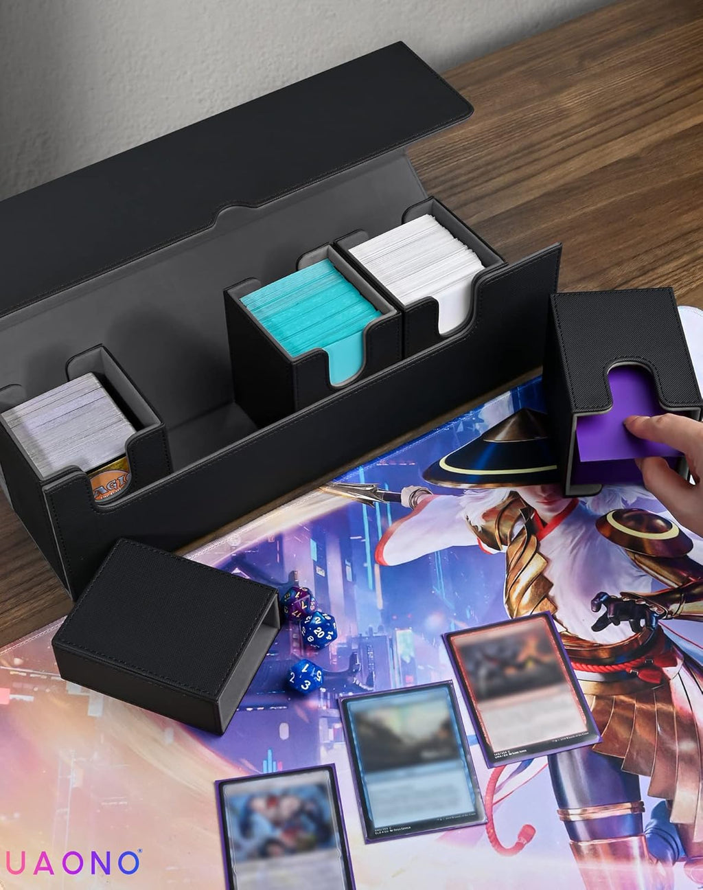 UAONO Card Deck Box - 5-in-1 Organizer with Dice Tray for MTG | Holds 800+ Unsleeved Cards (Black)