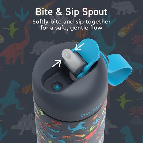 Bentgo Kids Water Bottle 2-Pack - Leak-Proof Tritan BPA-Free 15 oz Cups for Kids | Bite & Sip Spout, Dishwasher Safe (Dinosaur/Dino Fossils)