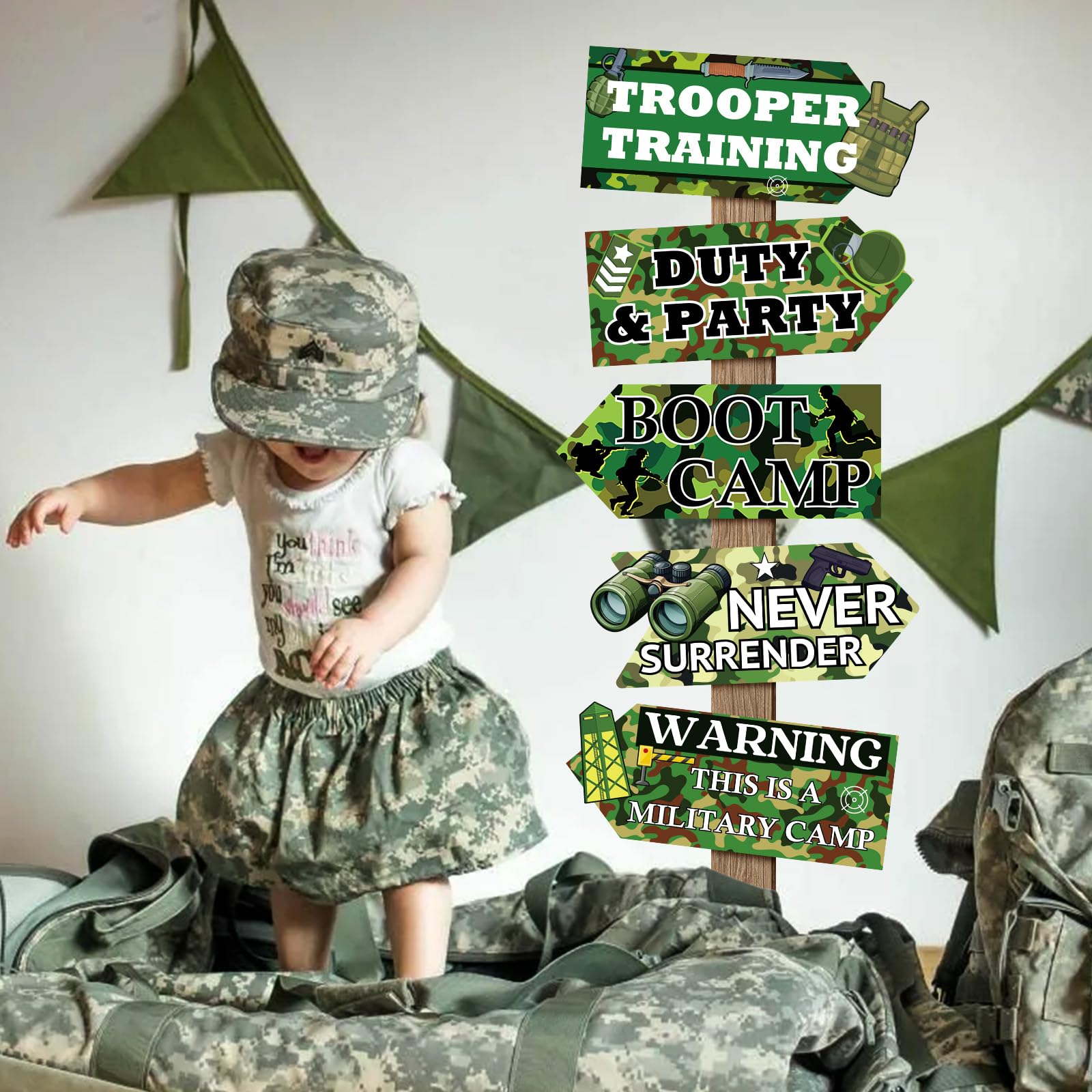 Hooqict 20 Pieces Camo Party Signs Army Birthday Party Decorations Camouflage Military Birthday Party Supplies for Boys Men Army Themed Directional Sign