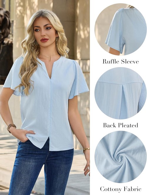 Blooming Jelly Women's Casual Blouse - Ruffle Short Sleeve V-Neck Summer Top | Stylish Workwear