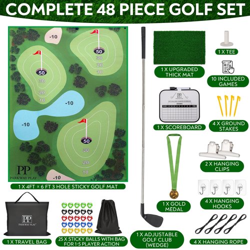 Parkway Home Golf Chipping Mat with Adjustable Golf Club - 48 Piece Outdoor Indoor Golf Game for 1-5 Players - Giant Turf Hitting Mat with Tee, 25 Sticky Balls, Travel Bag for Golfers for All Ages