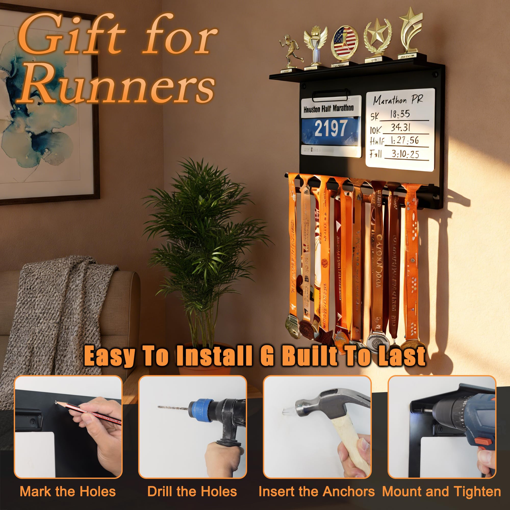 KWYADLUO Running Medal Hanger Display with Trophy Shelf, Race Bib Holder and Whiteboard, 2-Bar Medal Holder for 50+ Medals with Flag Magnets, Marker, Wall Mounted, Black