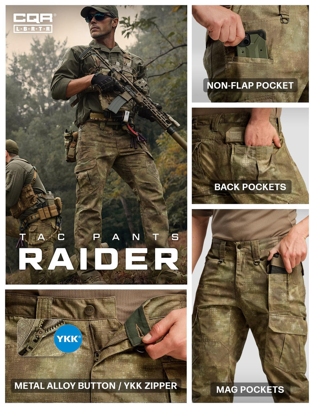 CQR Men's Tactical Pants, Water Resistant Ripstop Cargo Pants, Lightweight EDC Work Hiking Pants, Outdoor Apparel, Duratex Mag Pocket Print Fractal Camo, 34W x 32L