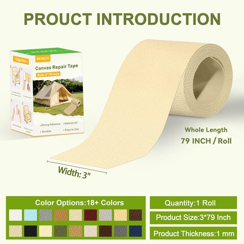 Besezx Canvas Repair Tape - Waterproof Self-Adhesive Fabric Patch for Outdoor Gear | 3" x 79" (Ivory Beige)