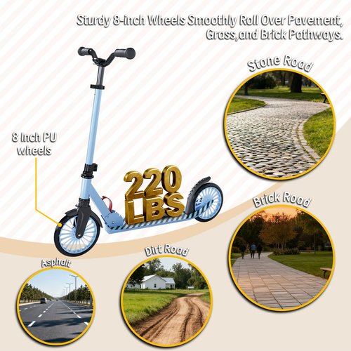 Scooter for Kids, Lightweight Foldable Kick Scooter, 4-Level Adjustable Handlebar, 8-Inch Large Wheels with Shock Absorption, for Ages 6 and Up (Light Blue)