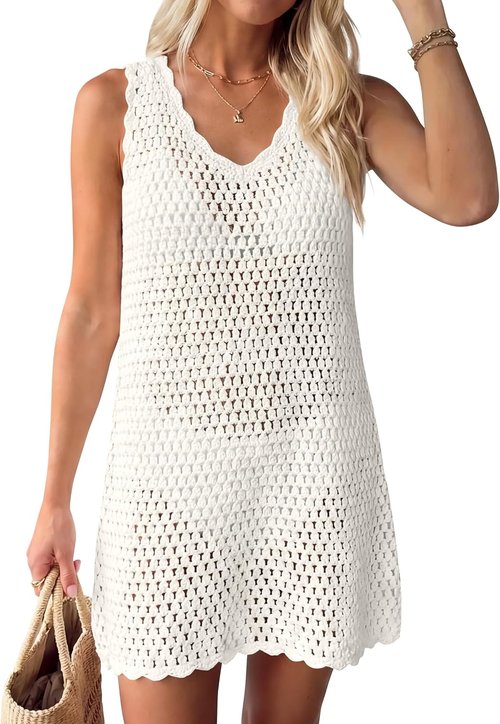 ANRABESS Women's Swimsuit Cover-Up - V Neck Knit Crochet Dress for Summer Beach Vacations