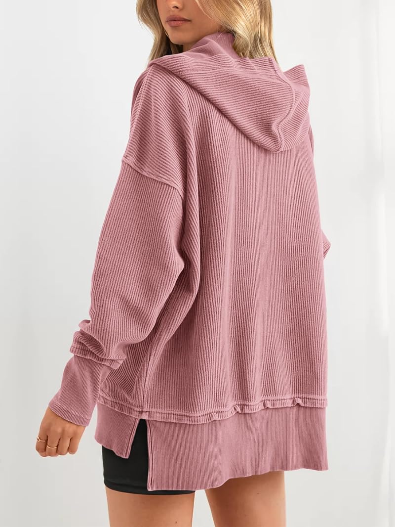 PrettyGarden Womens Oversized Button-Down Hoodie Sweatshirt Grey Pink Medium