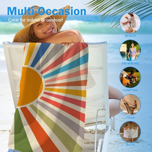 Boho Colorful Sunshine Beach Towel - Oversized 30x60 Inch Quick Dry Microfiber for Pool & Travel